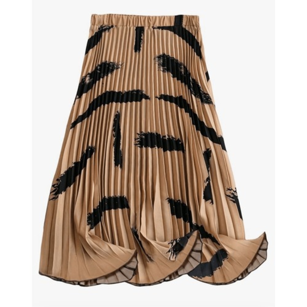 Pleated Midi Skirt Women's Size 4XL Beige Black Lightweight Flowing Career Event